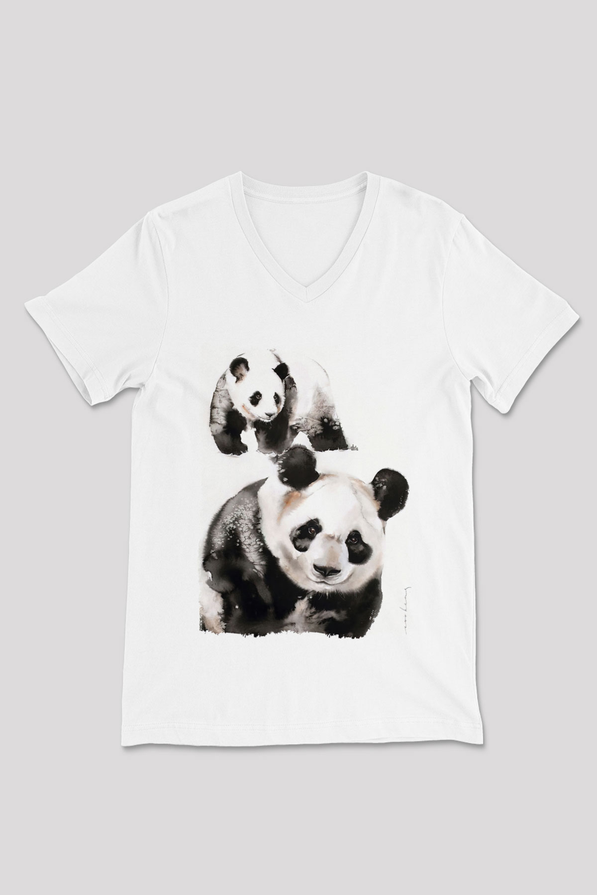 Panda Beyaz Unisex V Yaka Tişört