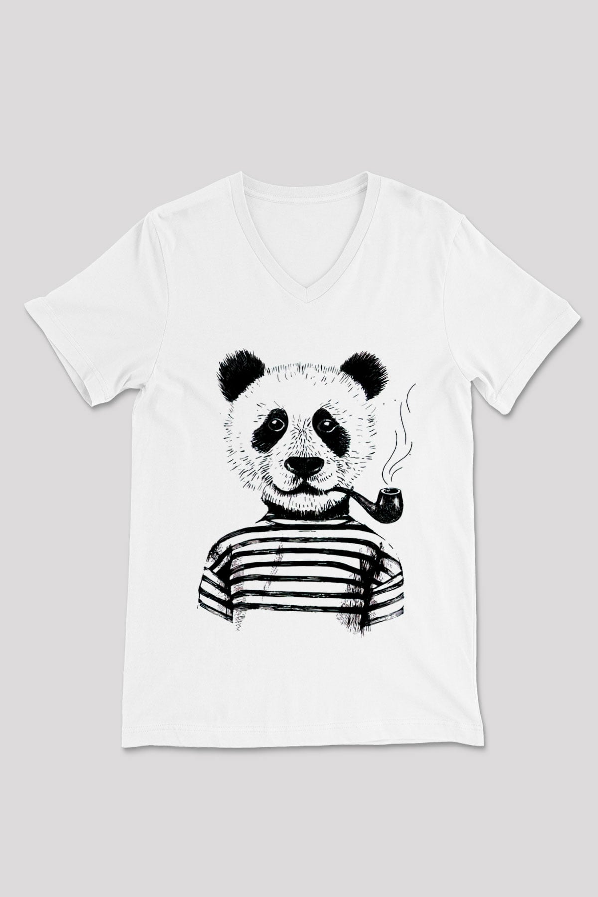 Panda Beyaz Unisex V Yaka Tişört T-Shirt