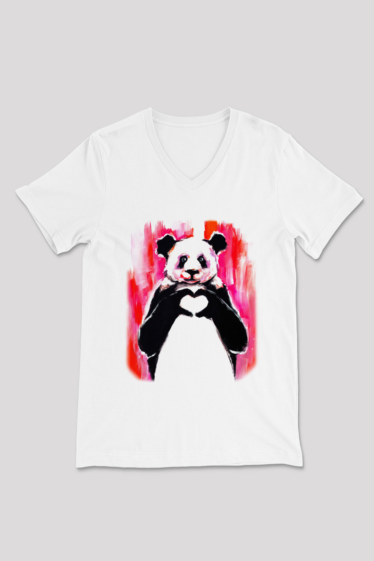 Panda Beyaz Unisex V Yaka Tişört T-Shirt