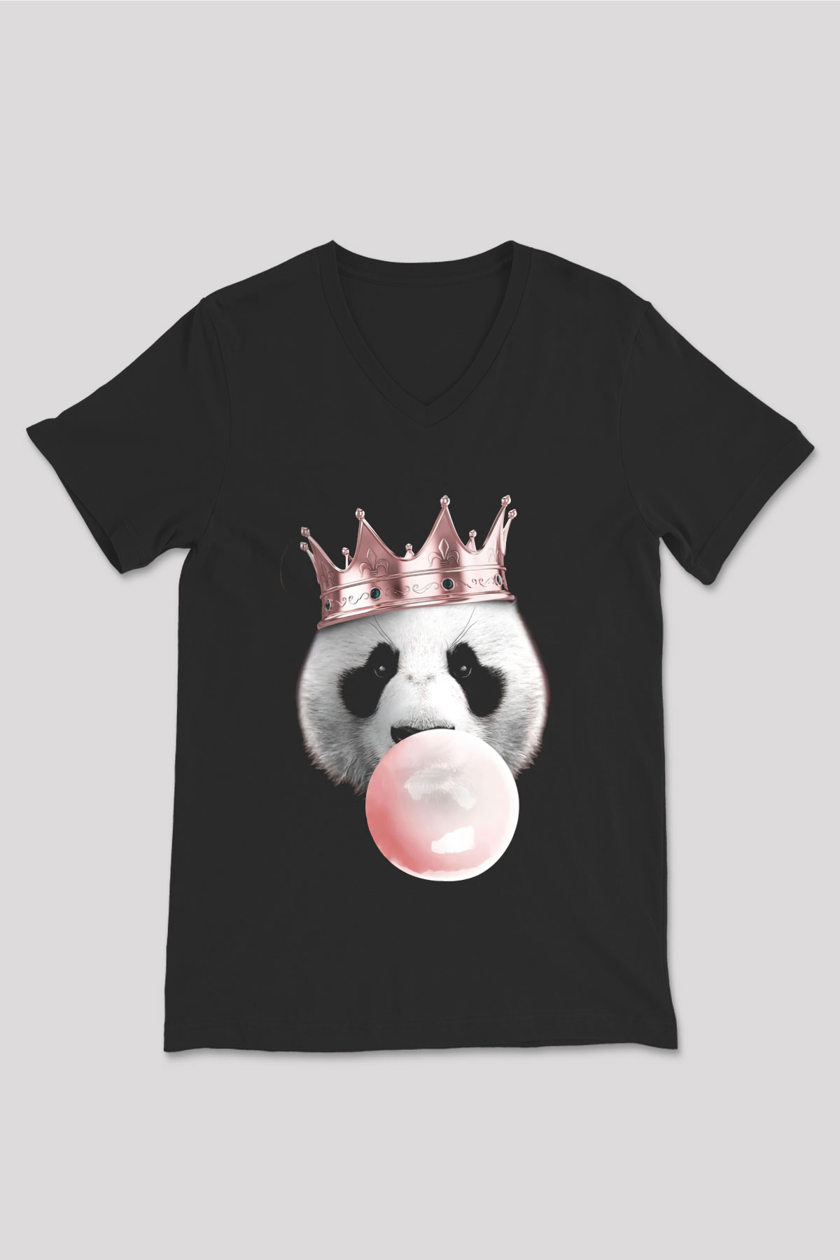 Panda Siyah Unisex V Yaka Tişört