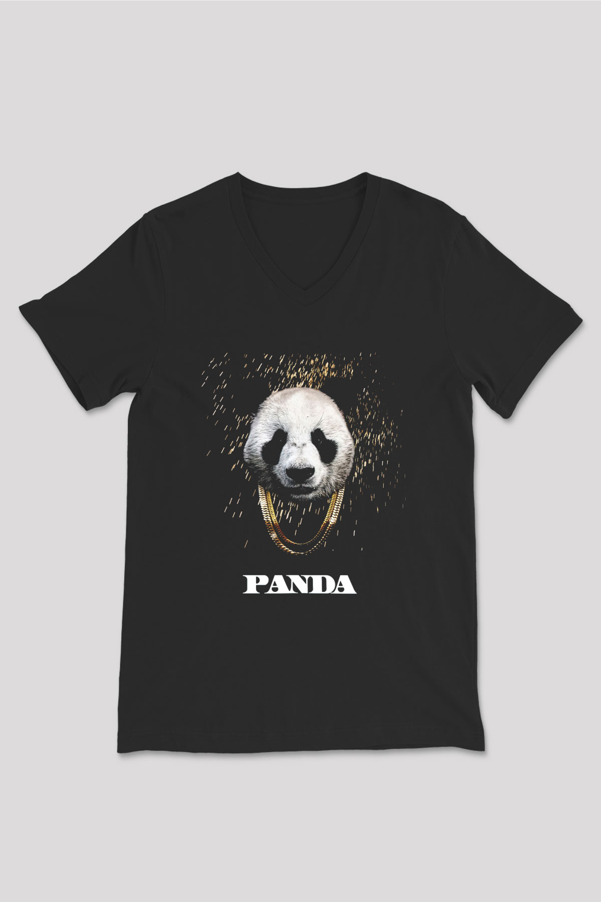 Panda Siyah Unisex V Yaka Tişört T-Shirt