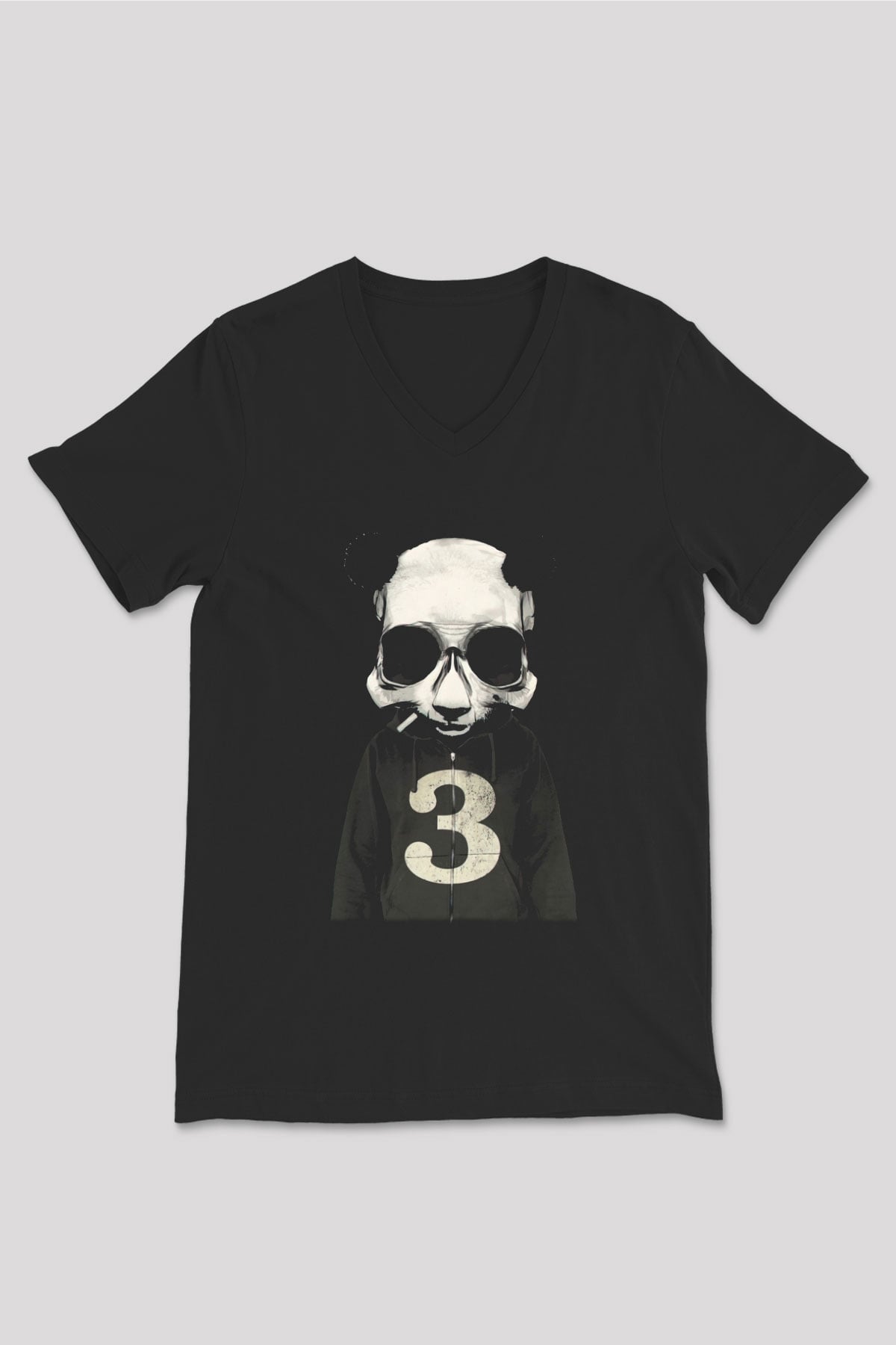 Panda Siyah Unisex V Yaka Tişört T-Shirt