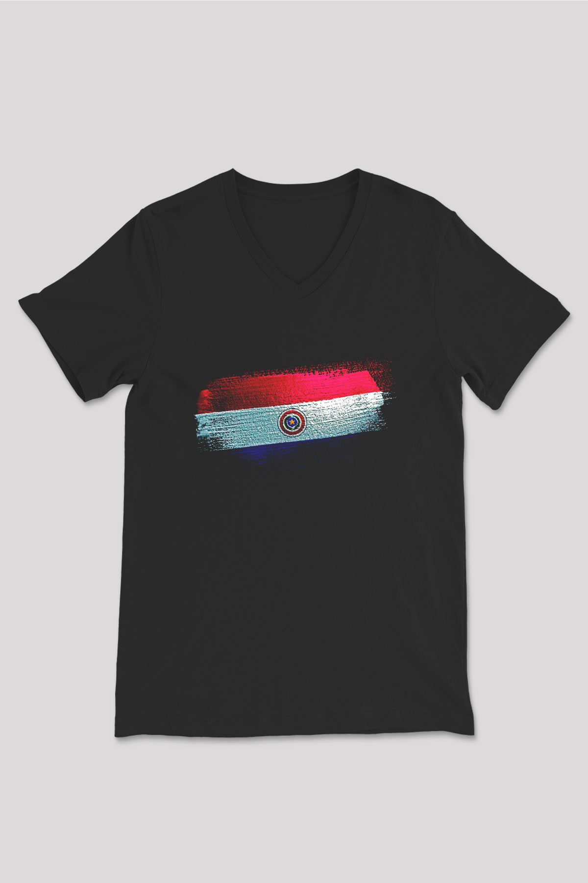 Paraguay Bayrağı Baskılı Unisex Siyah V Yaka Tişört