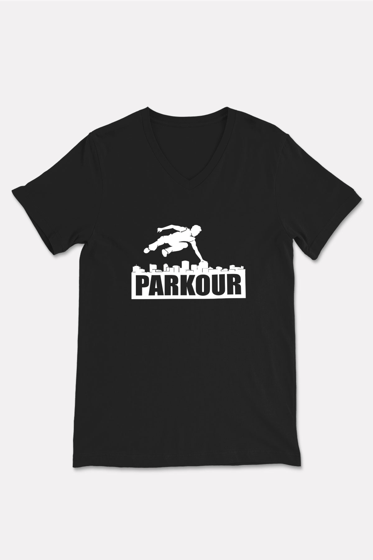 Parkour Baskılı Unisex Siyah V Yaka Tişört