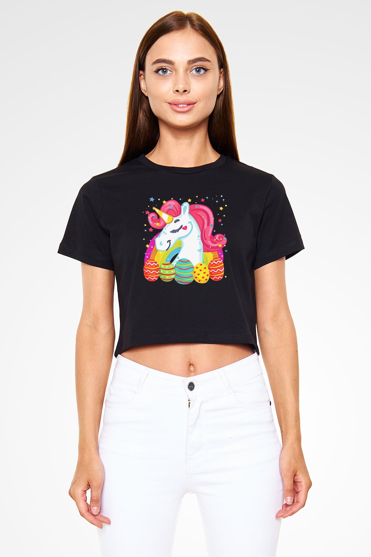 Paskalya Baskılı Siyah Crop Top Kadın Tişört - Tshirt