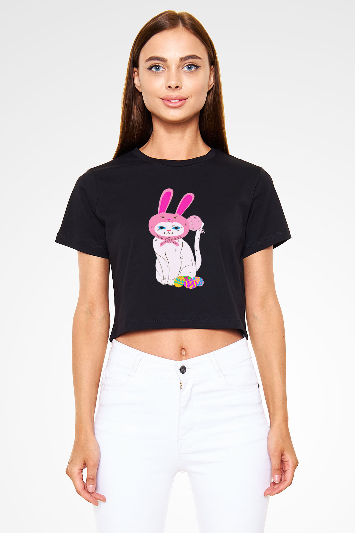 Paskalya Baskılı Siyah Crop Top Kadın Tişört - Tshirt