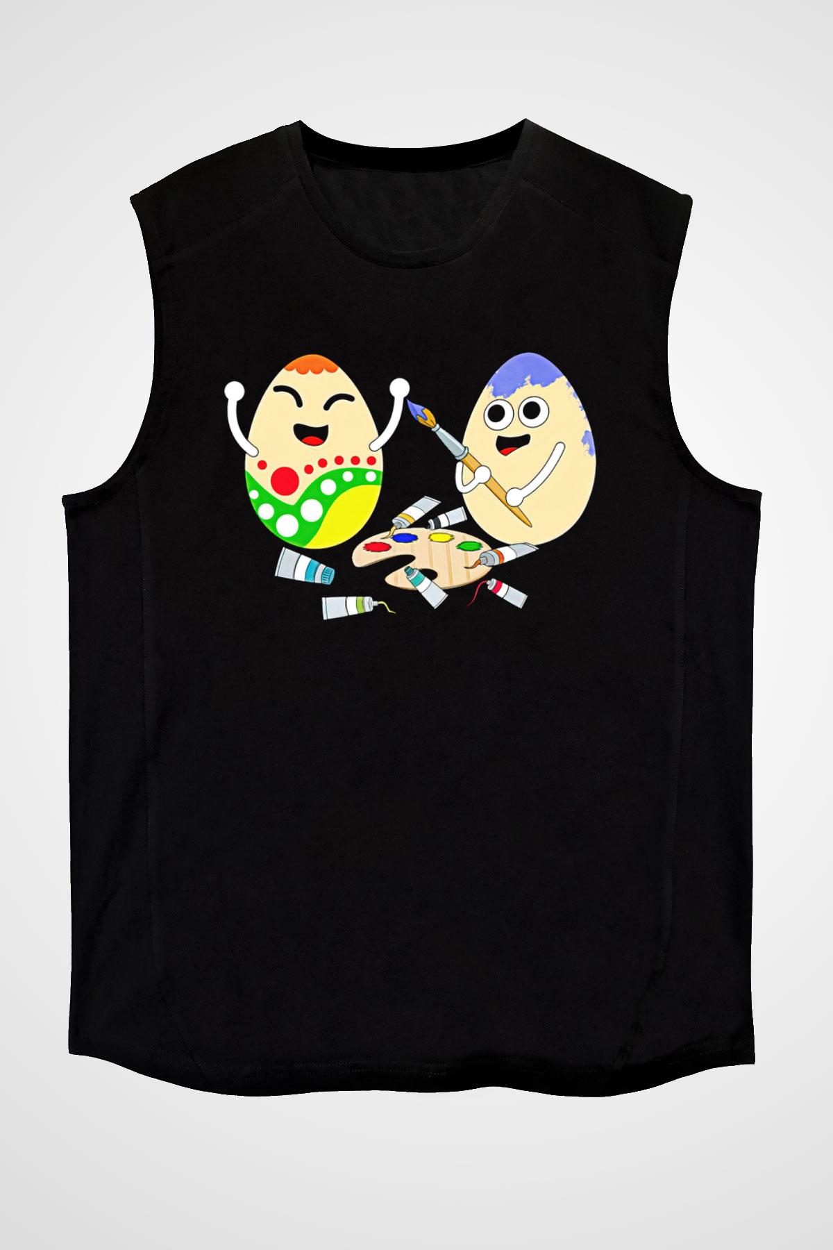 Paskalya Baskılı Unisex Siyah Kolsuz Tişört - Tshirt