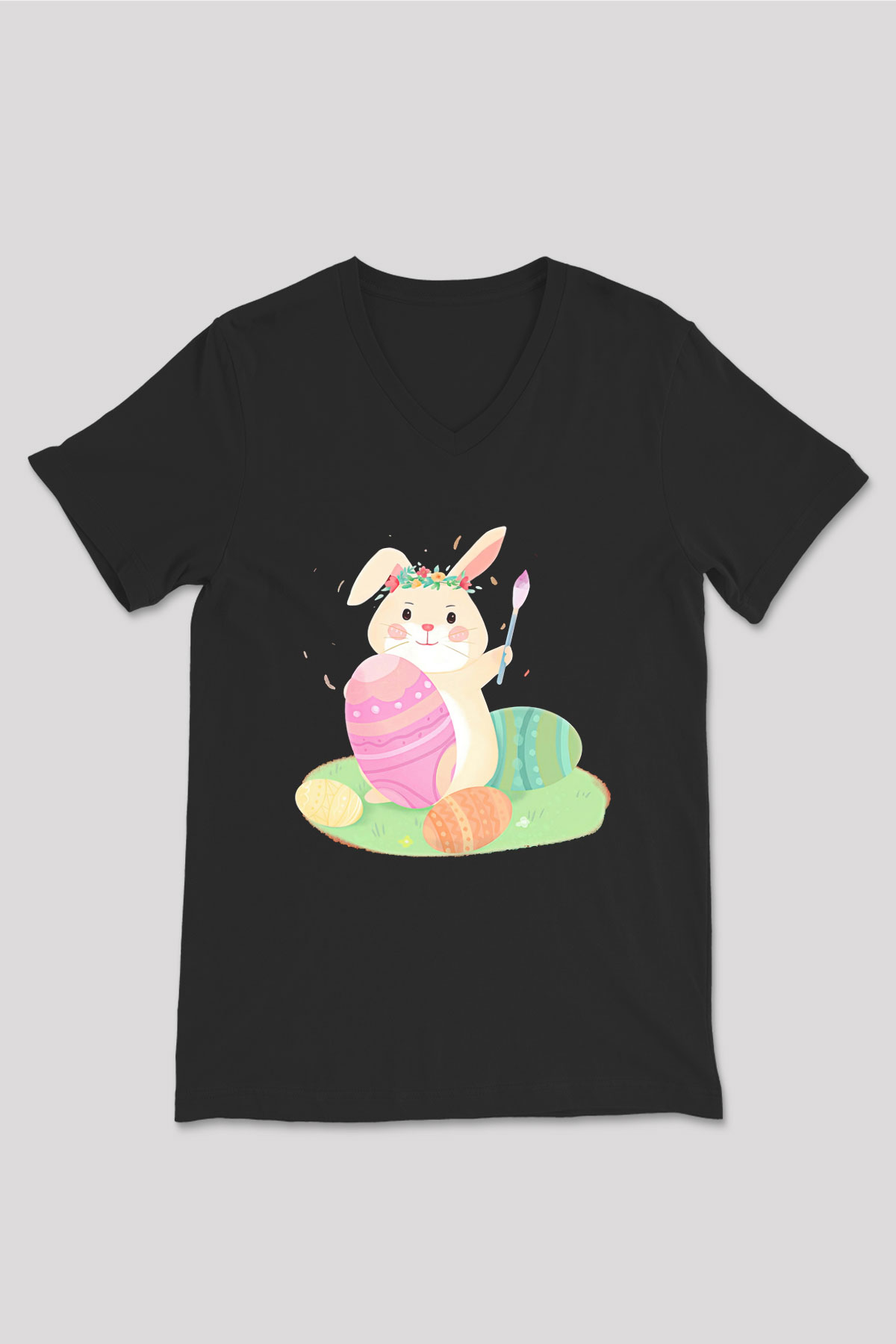 Paskalya Baskılı Unisex Siyah V Yaka Tişört - Tshirt