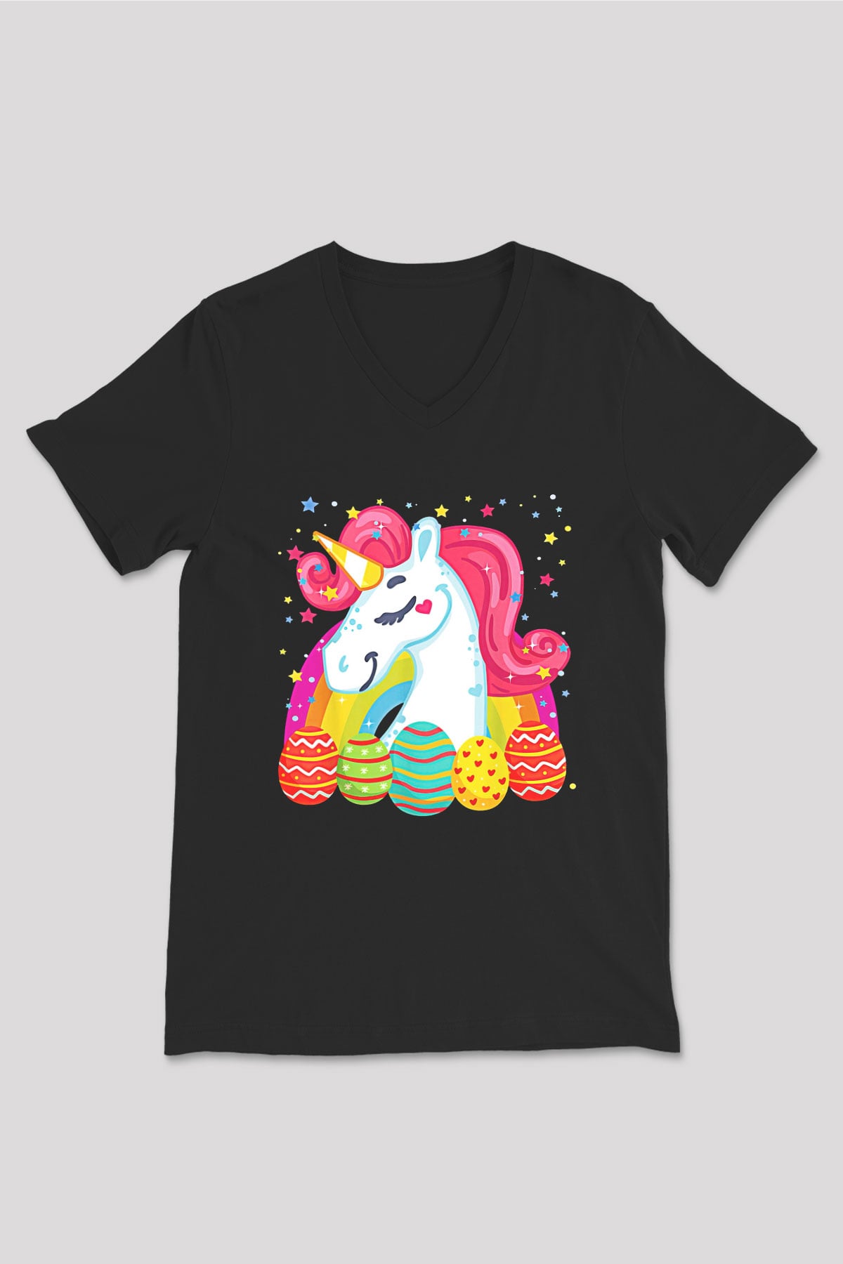 Paskalya Baskılı Unisex Siyah V Yaka Tişört - Tshirt