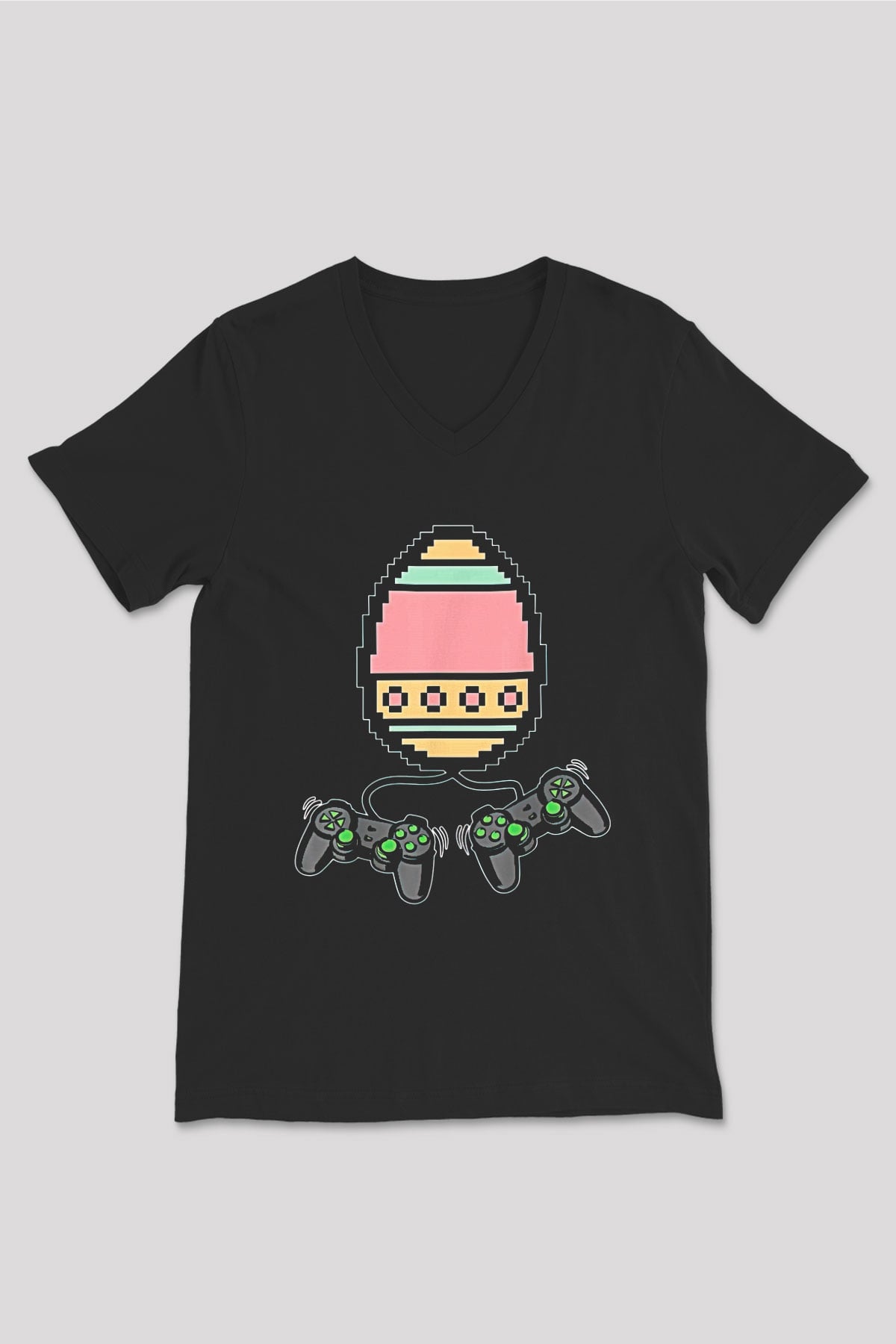 Paskalya Baskılı Unisex Siyah V Yaka Tişört - Tshirt