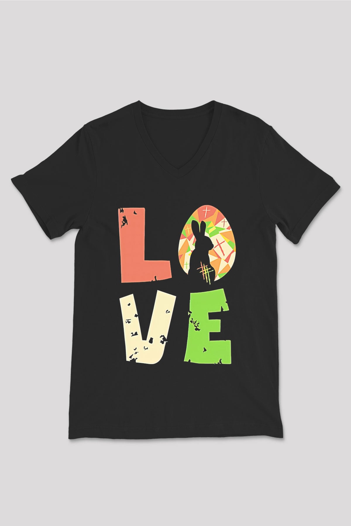 Paskalya Baskılı Unisex Siyah V Yaka Tişört - Tshirt