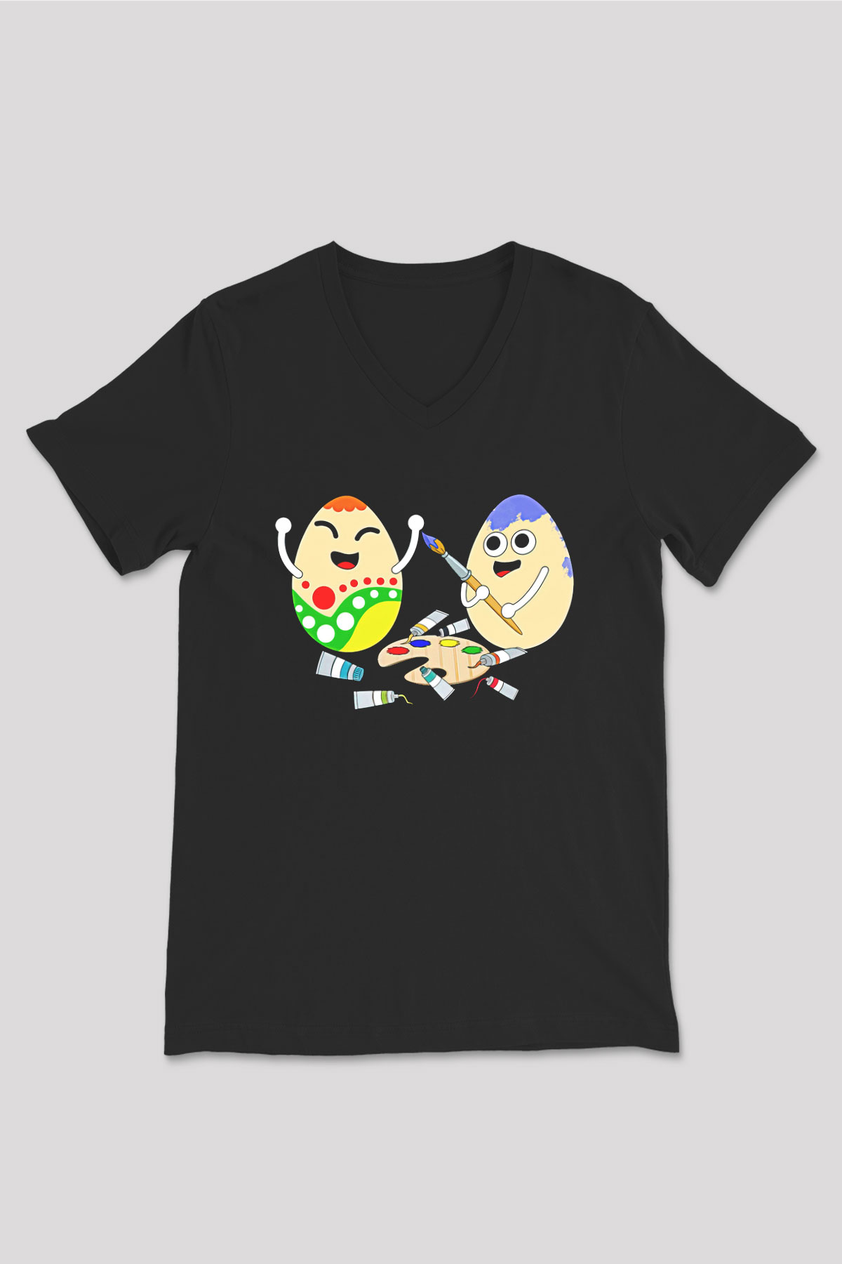 Paskalya Baskılı Unisex Siyah V Yaka Tişört - Tshirt