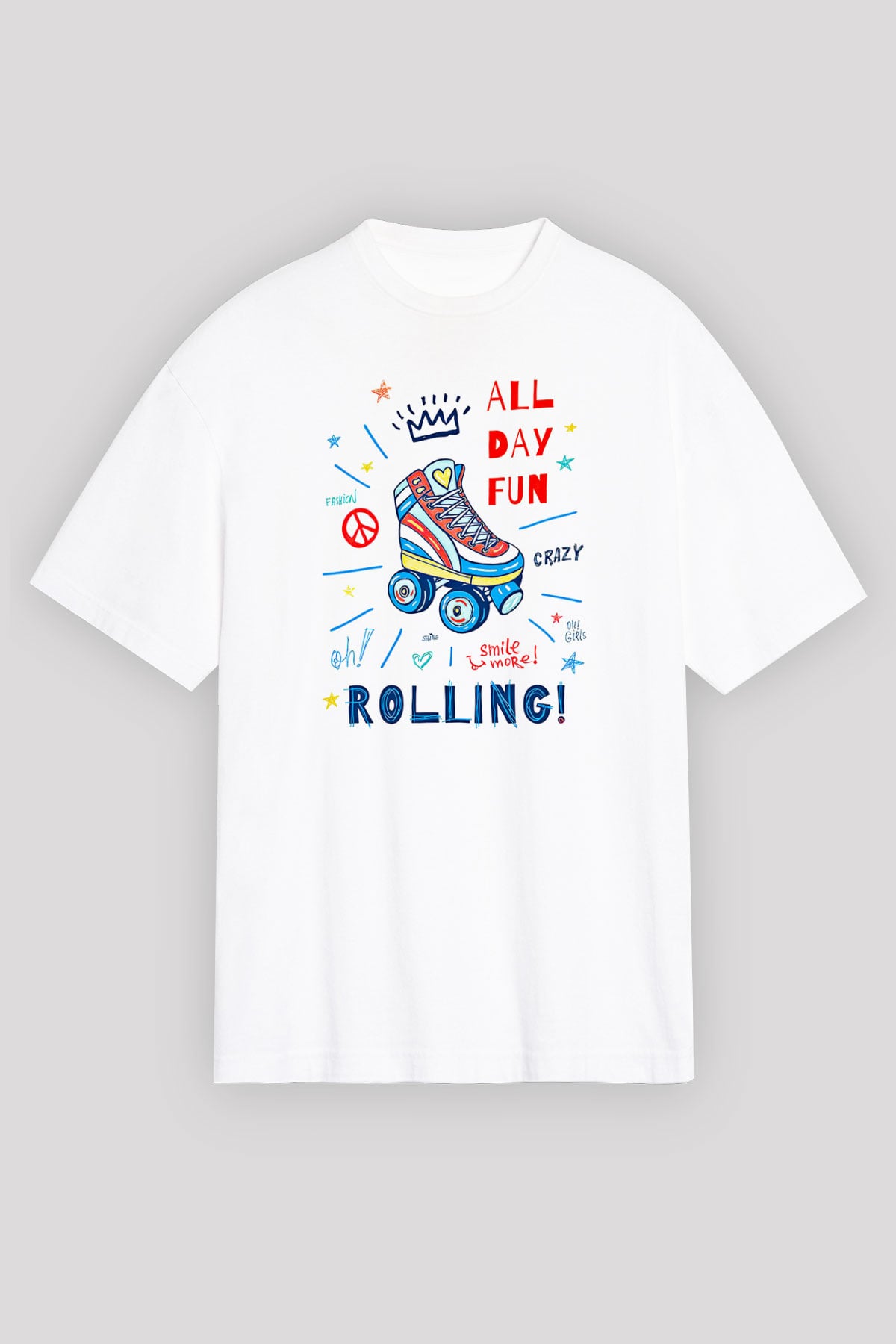 Paten Baskılı Unisex Beyaz Oversize Tişört - Tshirt