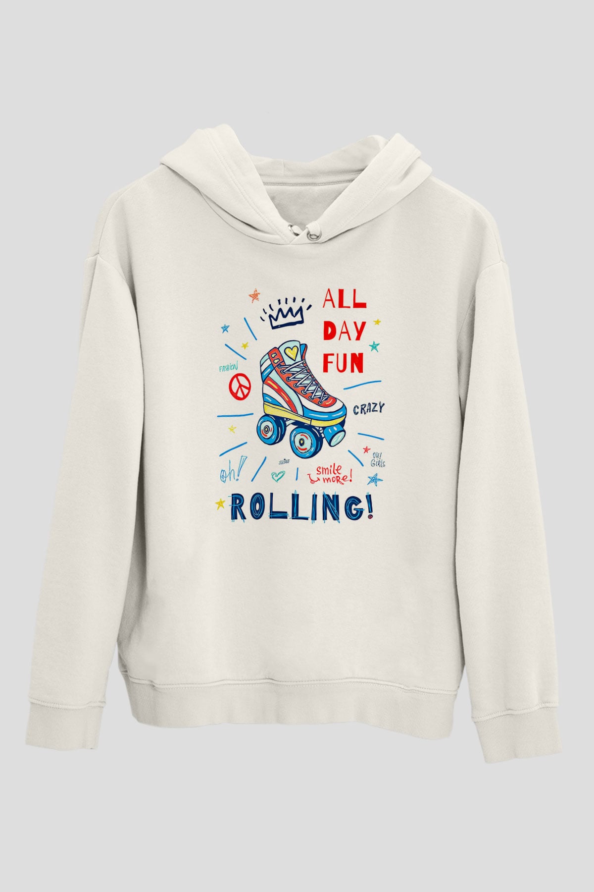 Paten Baskılı Unisex Ekru Hoodie