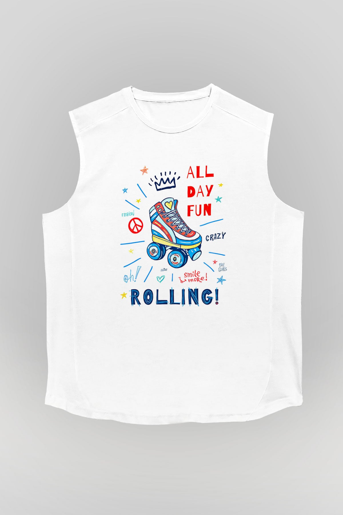 Paten Baskılı Unisex Kolsuz Beyaz Tişört
