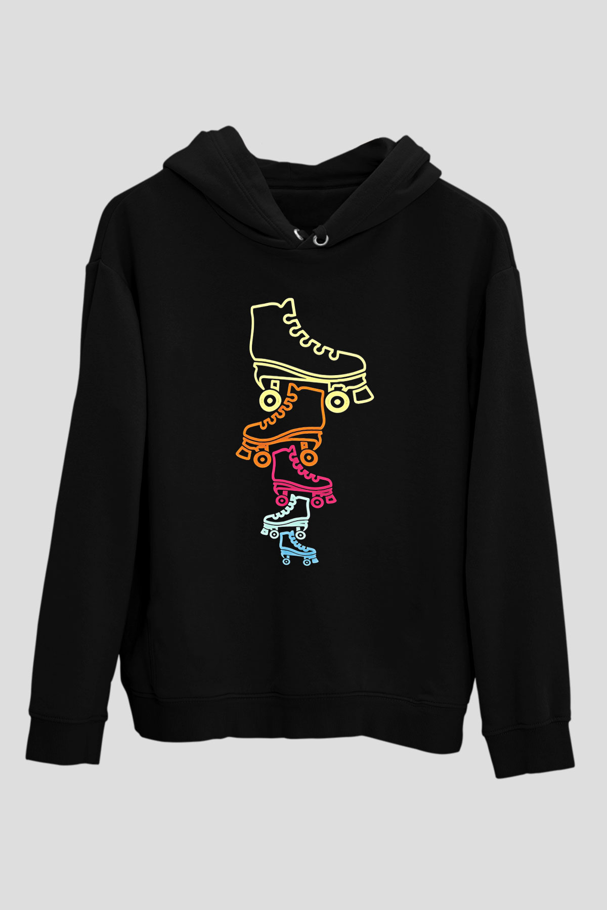 Paten Baskılı Unisex Siyah Kapüşonlu Sweatshirt