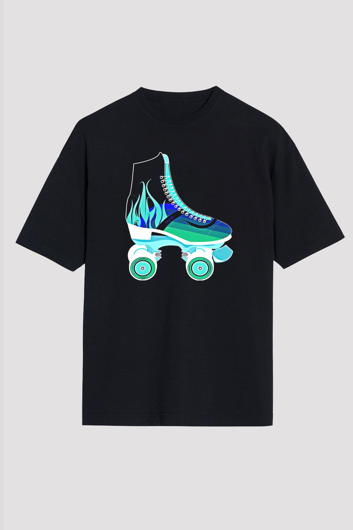 Paten Baskılı Unisex Siyah Oversize Tişört