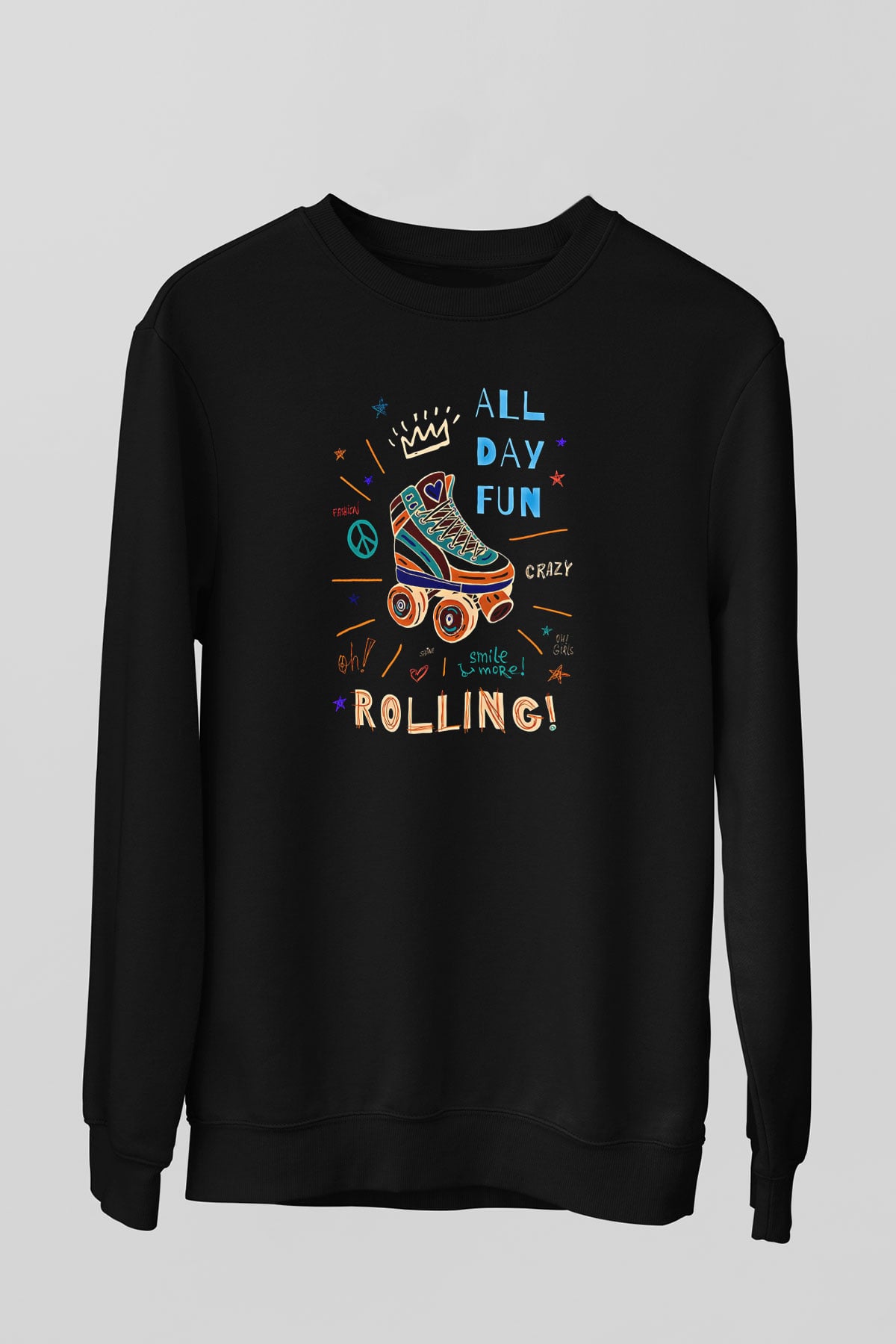 Paten Baskılı Unisex Siyah Sweatshirt