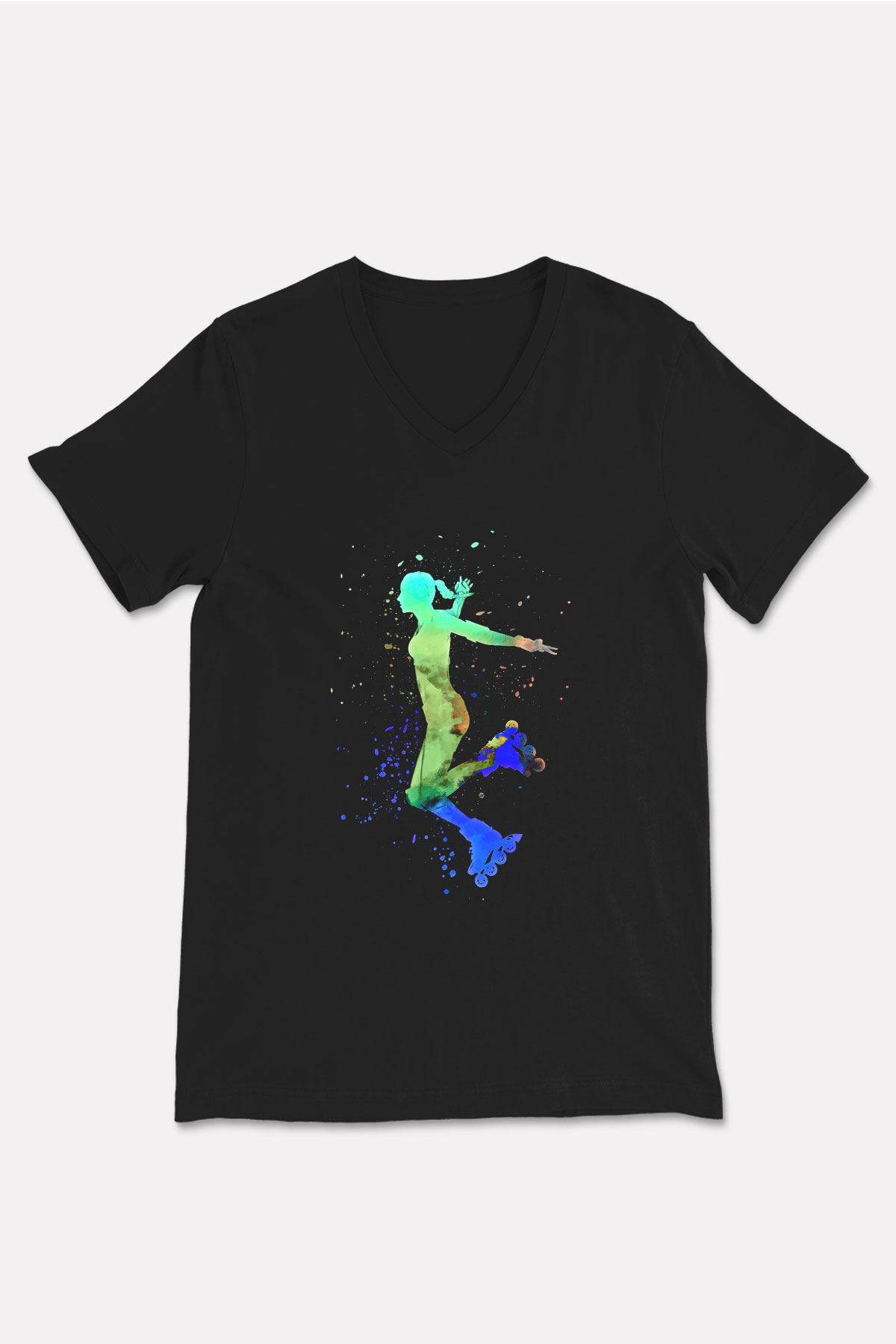Paten Baskılı Unisex Siyah V Yaka Tişört
