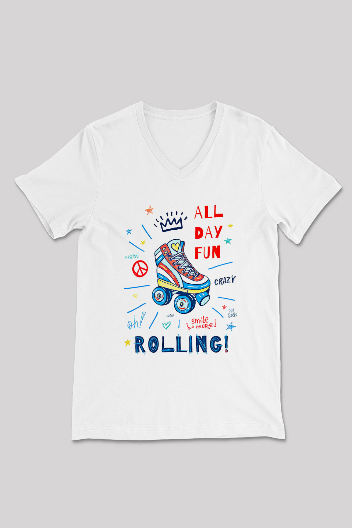 Paten Baskılı Unisex V Yaka Tişört - Tshirt