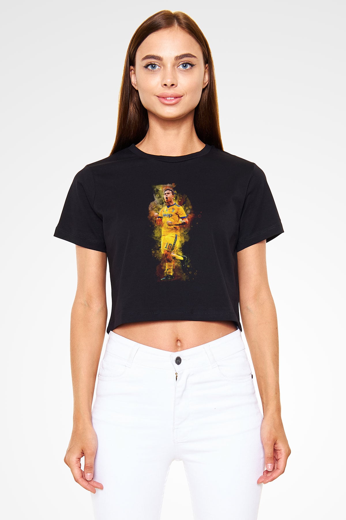 Paulo Dybala Baskılı Siyah Crop Top Kadın Tişört - Tshirt