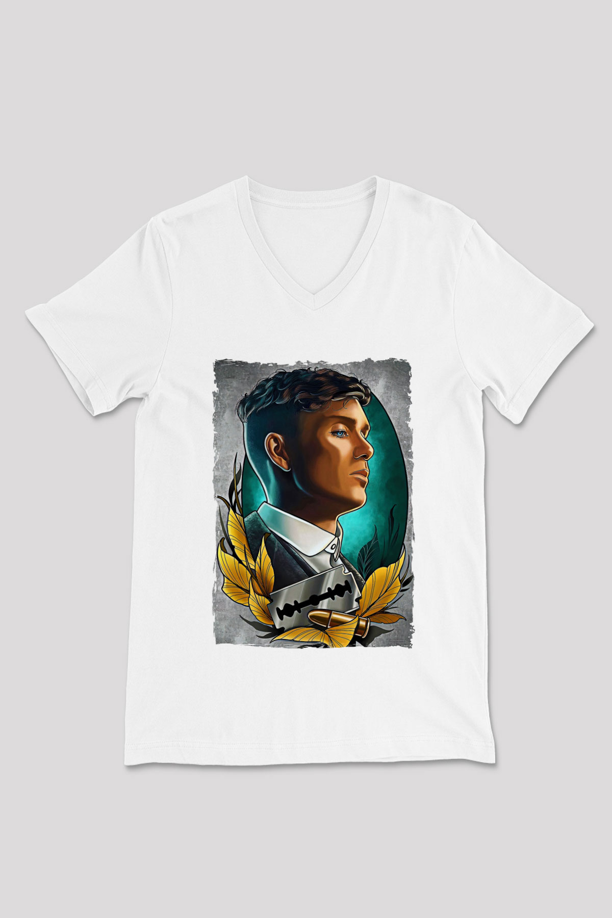 Peaky Blinders Baskılı Beyaz Unisex V Yaka Tişört - Tshirt