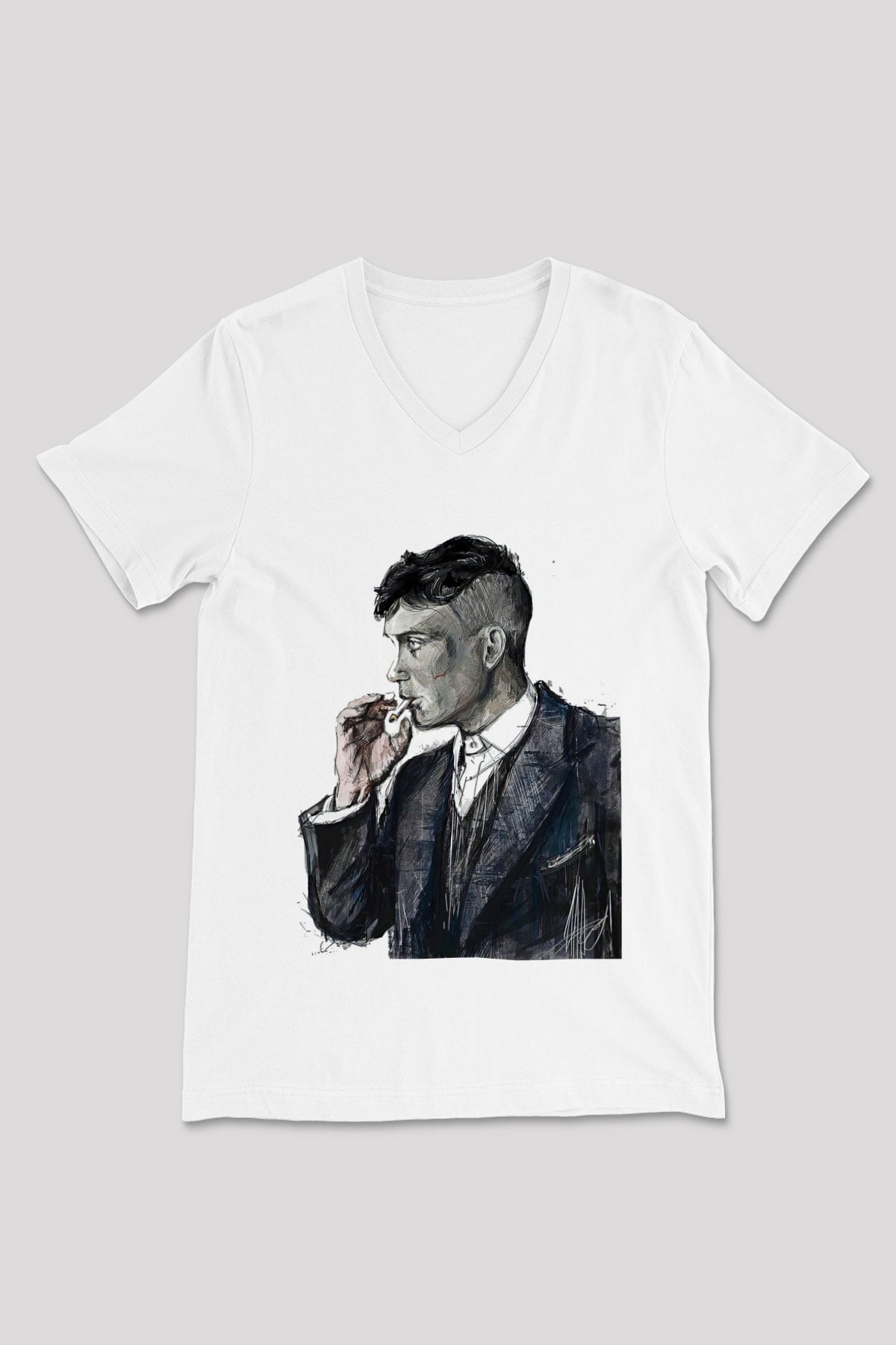 Peaky Blinders Baskılı Beyaz Unisex V Yaka Tişört - Tshirt