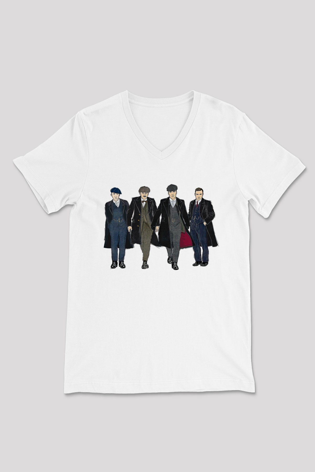 Peaky Blinders Baskılı Beyaz Unisex V Yaka Tişört - Tshirt