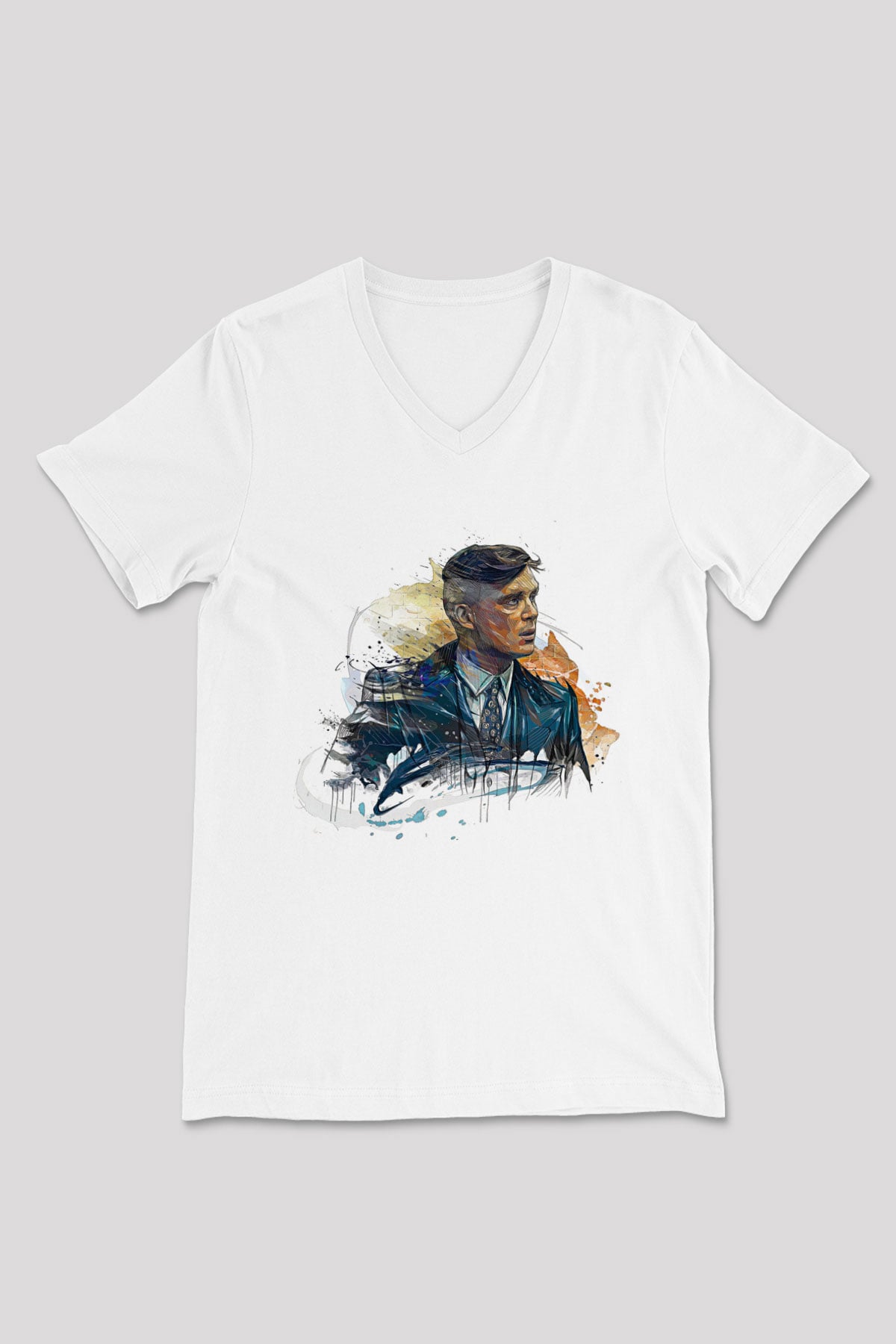 Peaky Blinders Baskılı Beyaz Unisex V Yaka Tişört - Tshirt