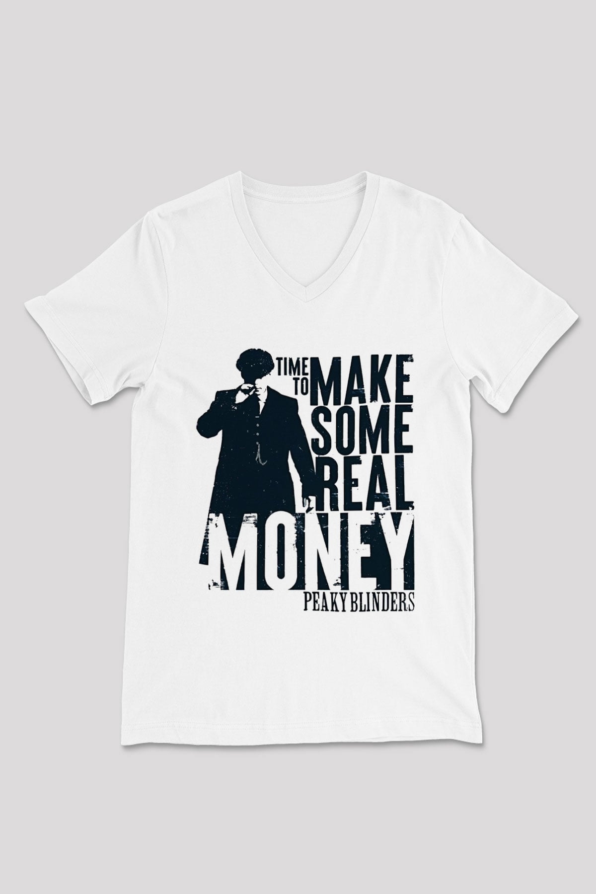 Peaky Blinders Baskılı Beyaz Unisex V Yaka Tişört - Tshirt