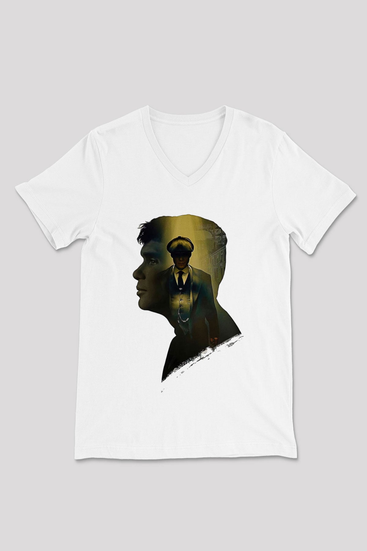 Peaky Blinders Baskılı Beyaz Unisex V Yaka Tişört - Tshirt