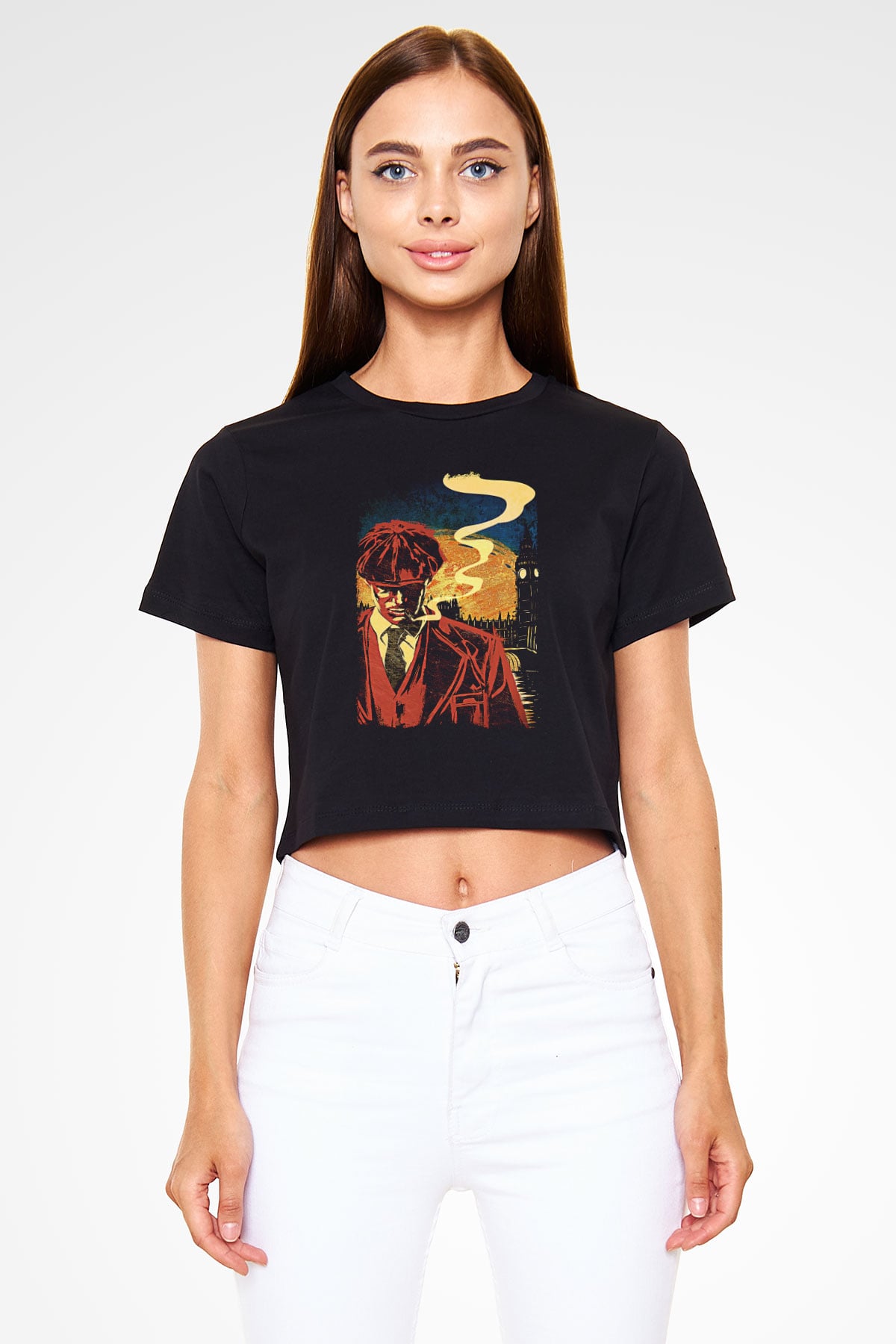 Peaky Blinders Baskılı Siyah Crop Top Kadın Tişört - Tshirt