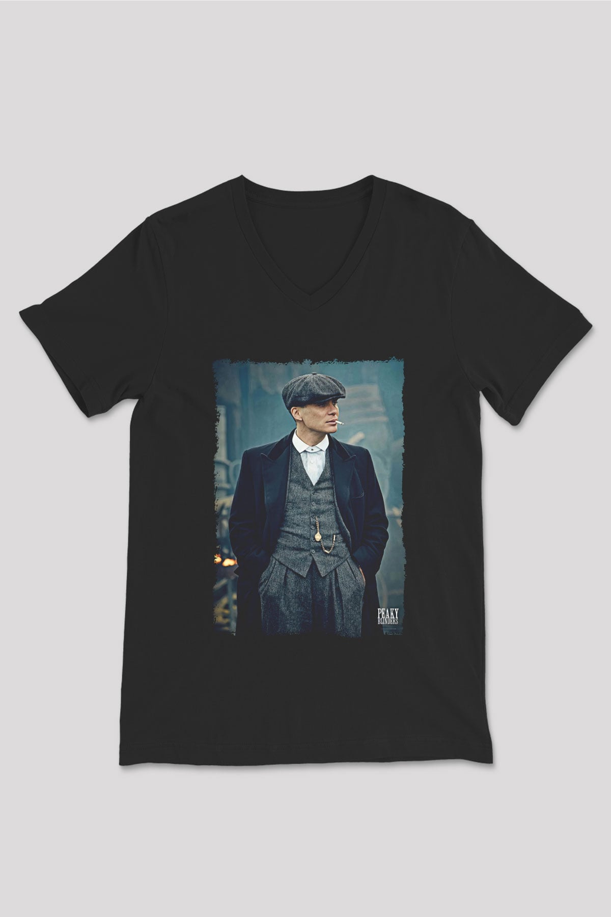 Peaky Blinders Baskılı Unisex Siyah V Yaka Tişört - Tshirt