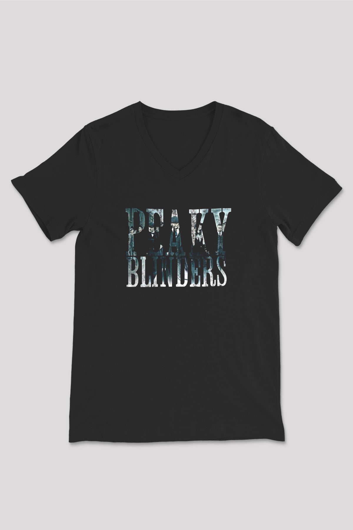 Peaky Blinders Baskılı Unisex Siyah V Yaka Tişört - Tshirt