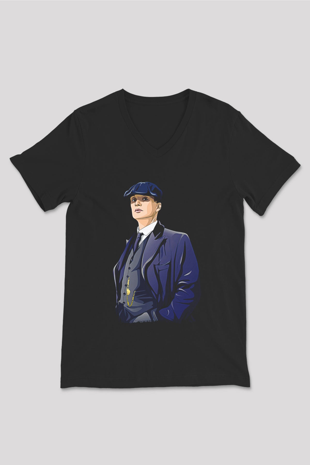 Peaky Blinders Baskılı Unisex Siyah V Yaka Tişört - Tshirt