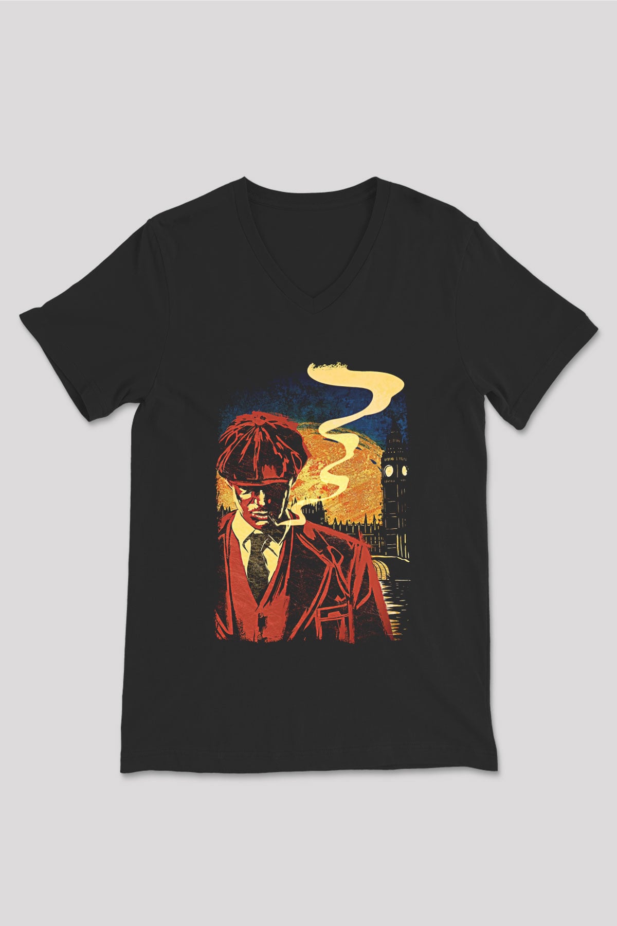 Peaky Blinders Baskılı Unisex Siyah V Yaka Tişört - Tshirt