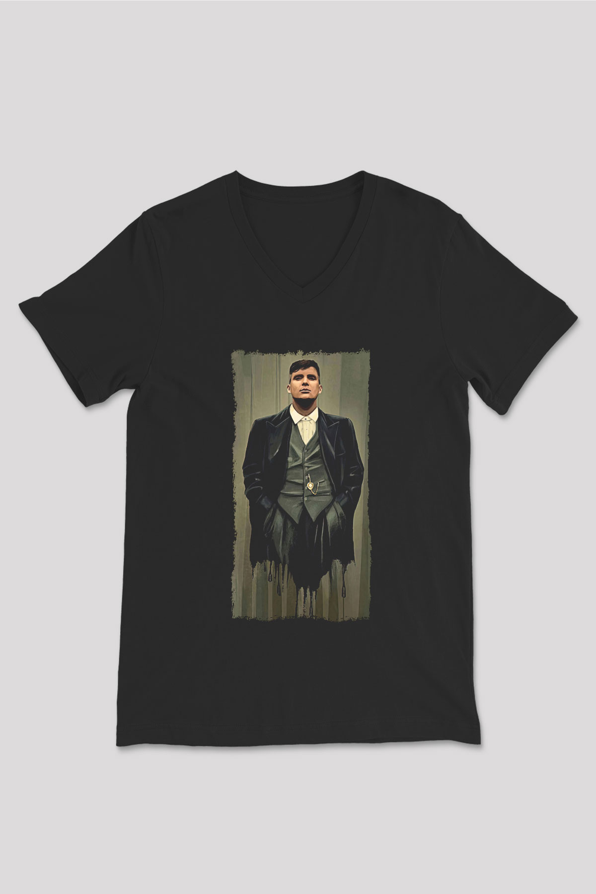 Peaky Blinders Baskılı Unisex Siyah V Yaka Tişört - Tshirt