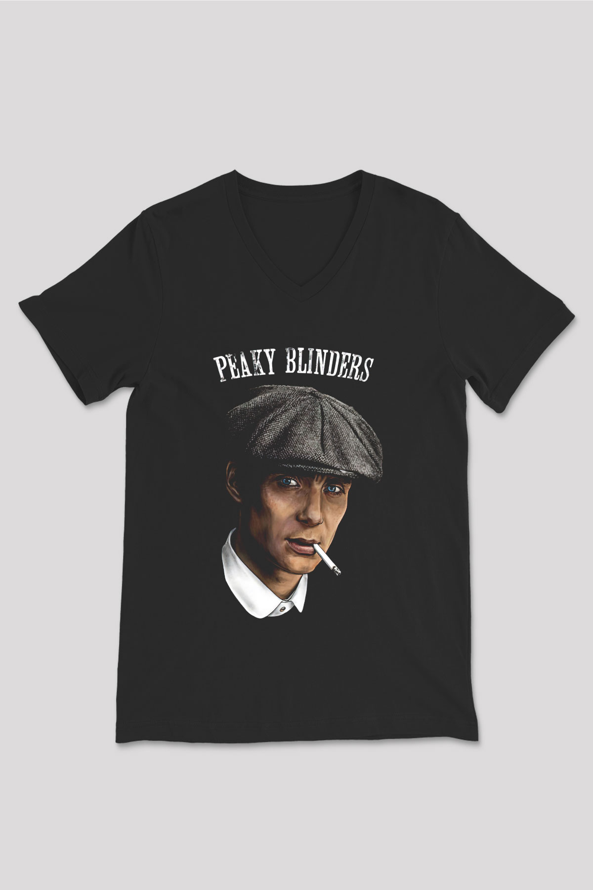 Peaky Blinders Baskılı Unisex Siyah V Yaka Tişört - Tshirt