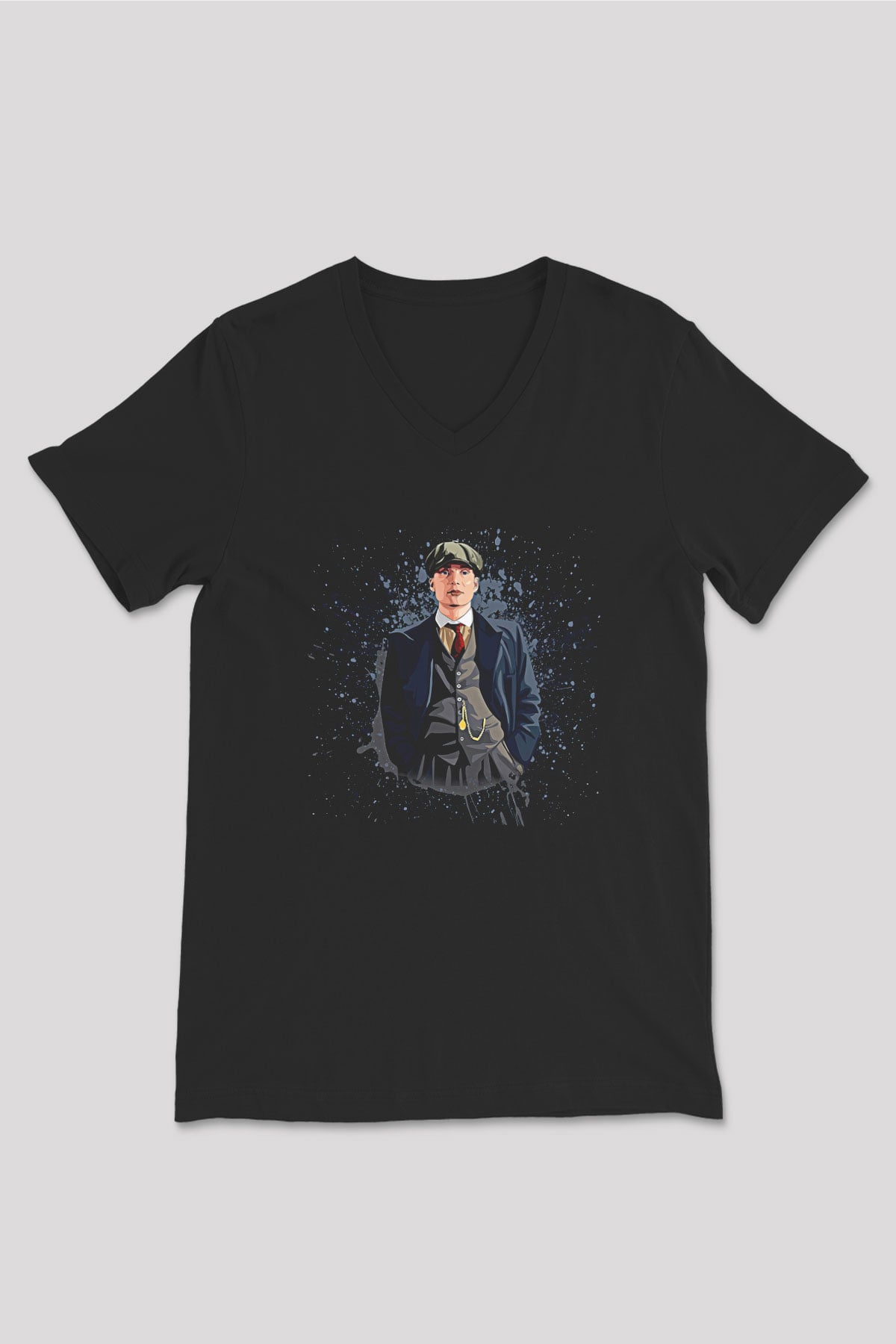 Peaky Blinders Baskılı Unisex Siyah V Yaka Tişört - Tshirt