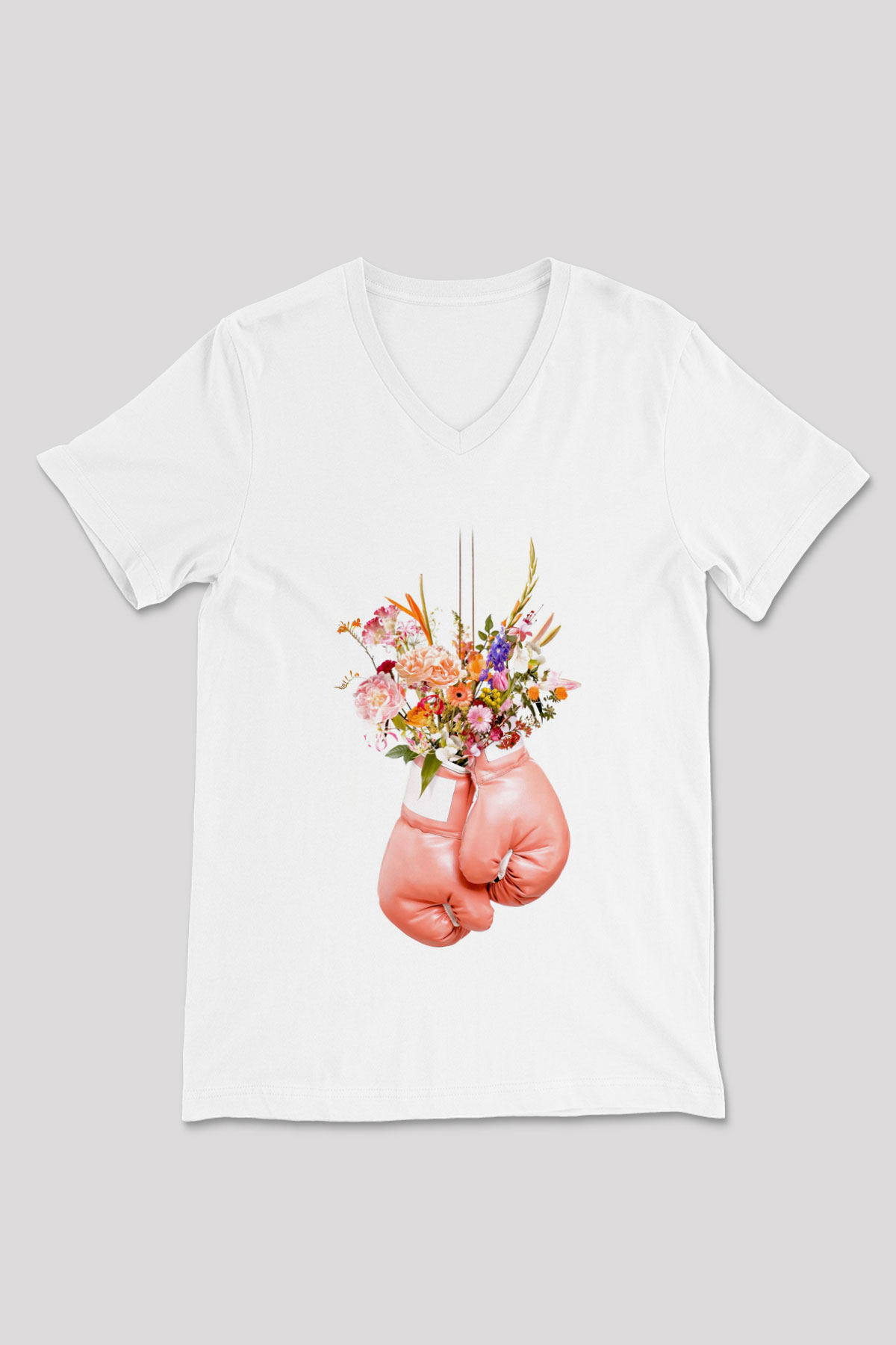 Pembe Boks Eldiveni Baskılı Unisex Beyaz  V Yaka Tişört