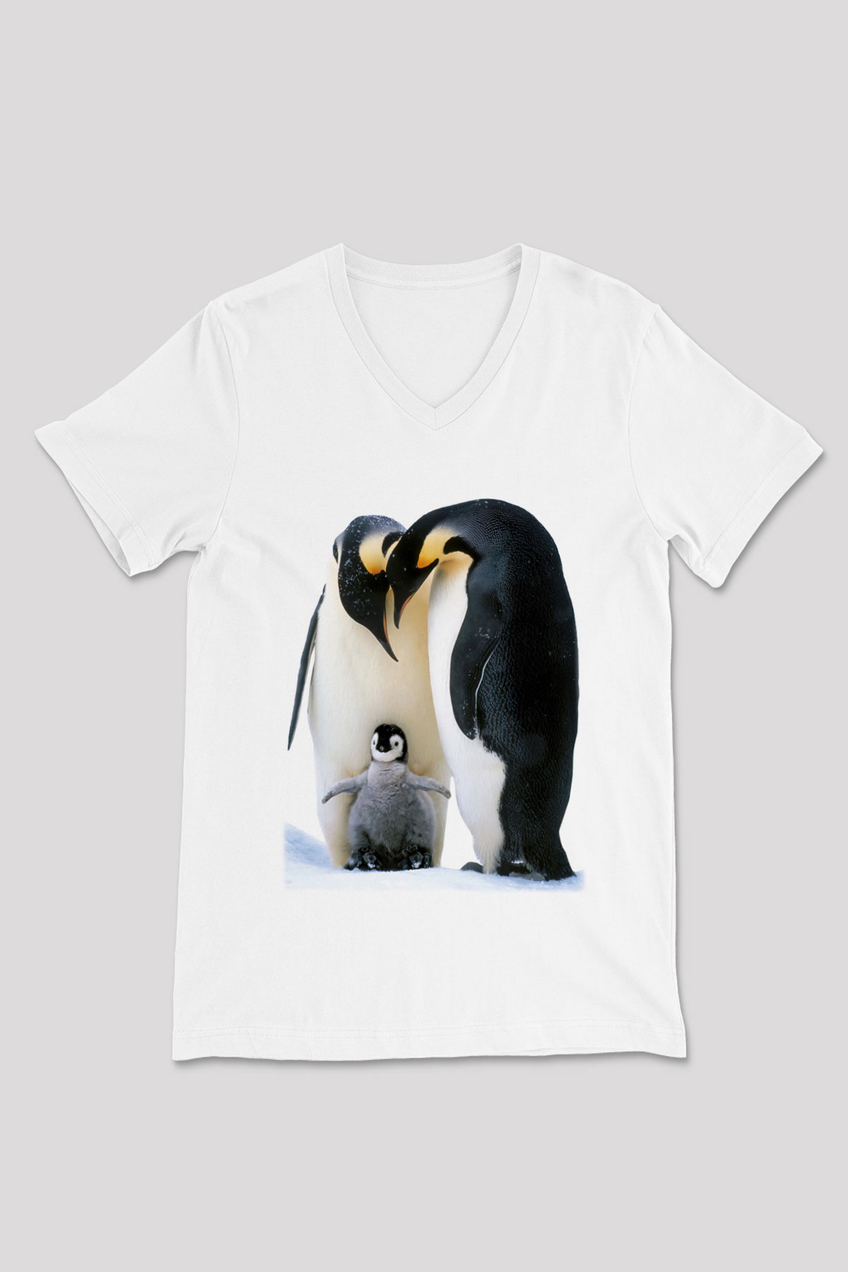 Penguen Beyaz Unisex V Yaka Tişört T-Shirt
