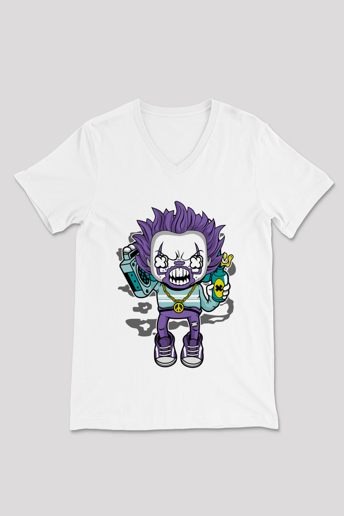 Pennywise Boombox Baskılı Beyaz Unisex V Yaka Tişört
