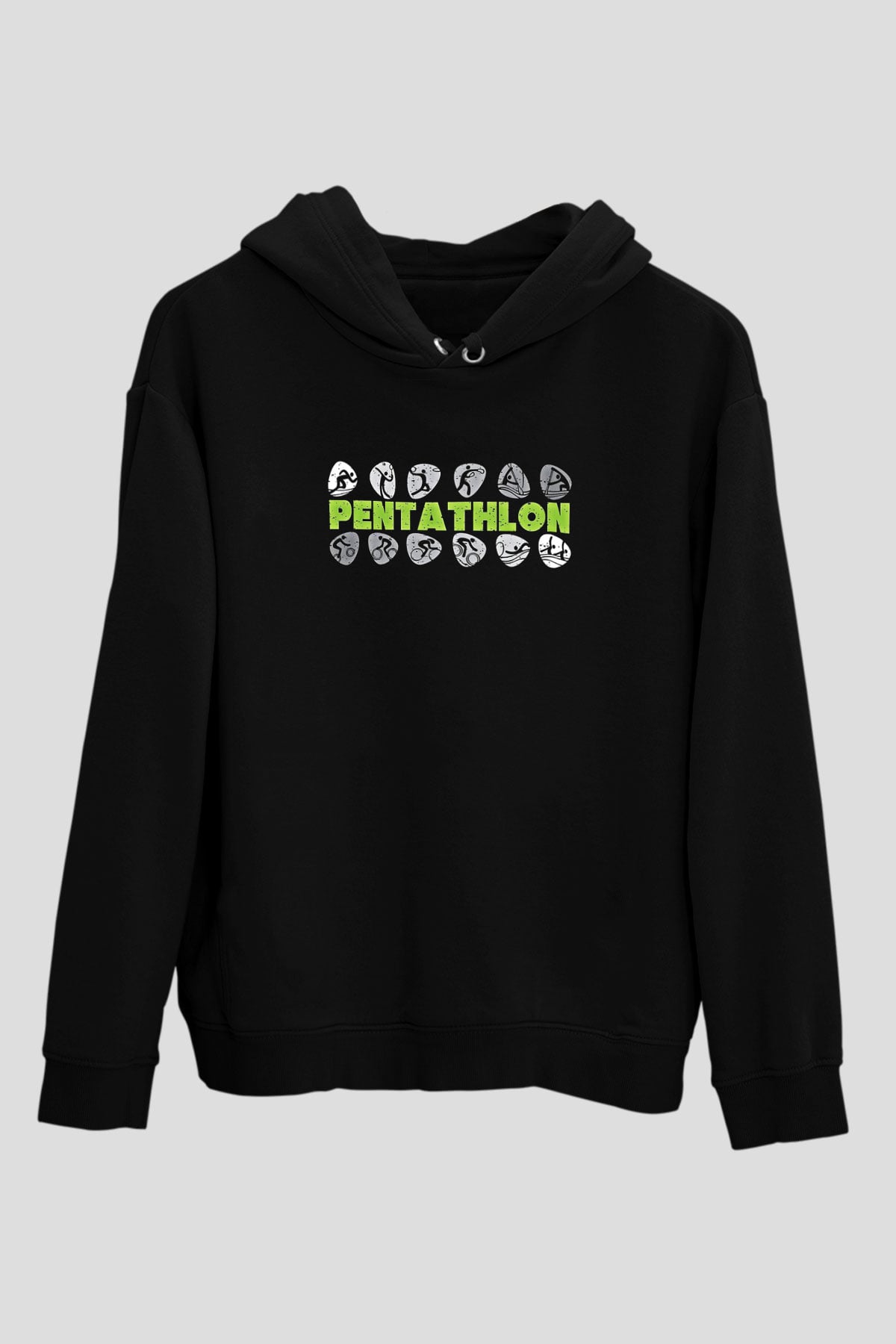 Pentathlon Baskılı Unisex Siyah Kapüşonlu Sweatshirt