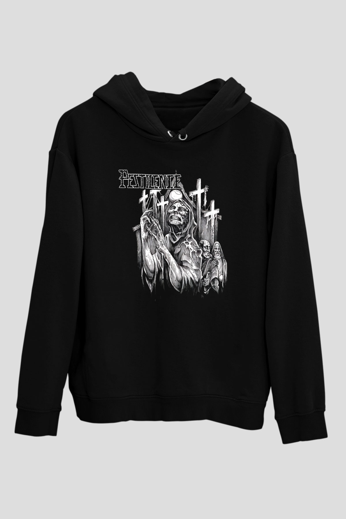 Pestilence Baskılı Unisex Siyah Kapüşonlu Sweatshirt