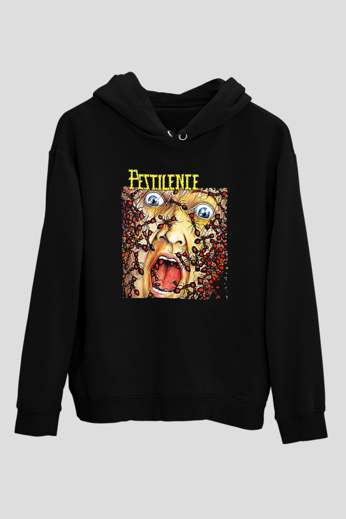 Pestilence Baskılı Unisex Siyah Kapüşonlu Sweatshirt