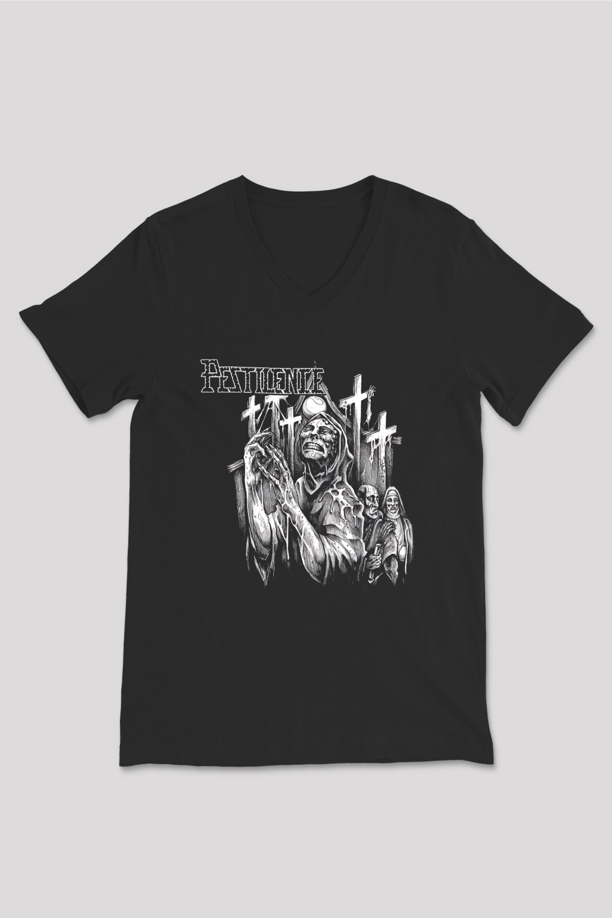 Pestilence Baskılı Unisex Siyah V Yaka Tişört - Tshirt