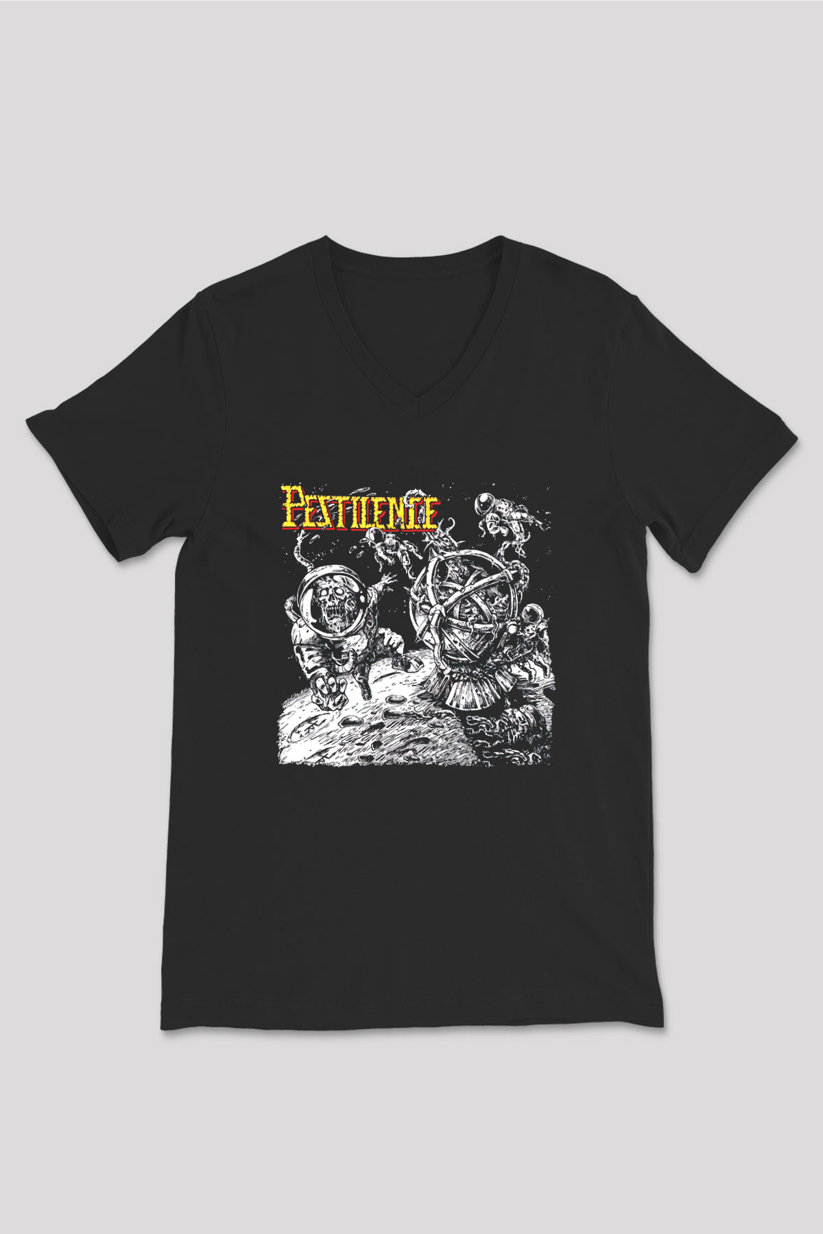 Pestilence Baskılı Unisex Siyah V Yaka Tişört - Tshirt