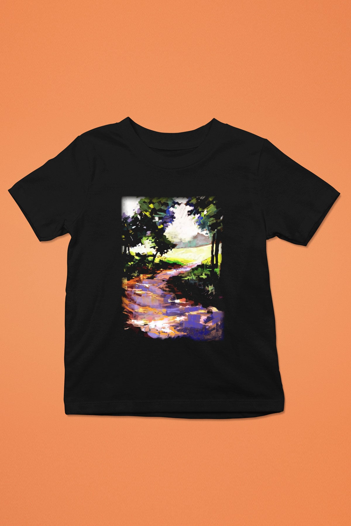 Peyzaj Baskılı Siyah Unisex Çocuk Tişört