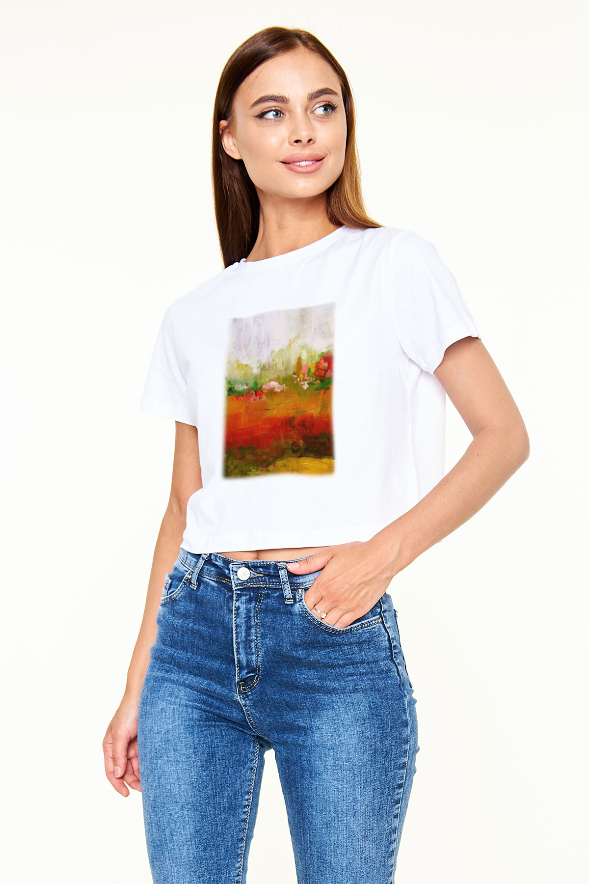 Peyzaj Beyaz Croptop Tişört