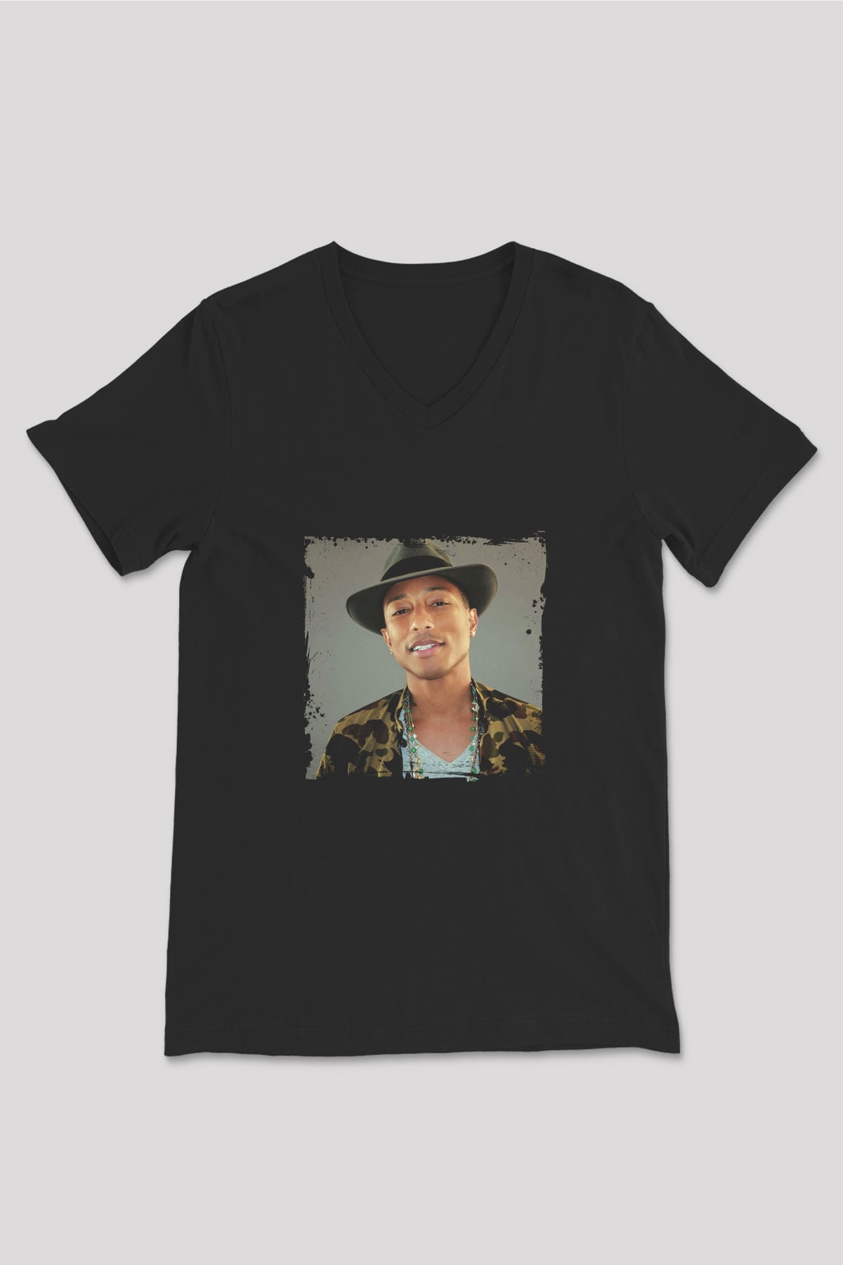 Pharrell Williams Baskılı Unisex Siyah V Yaka Tişört